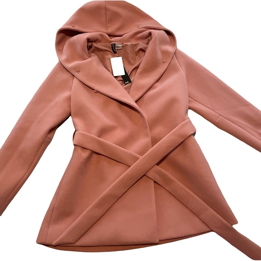 H&M Blush Pink Coat Detachable Imitation Fur on Hood Size M NWT